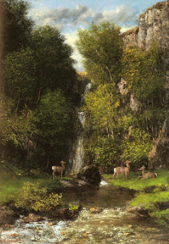Gustave Courbet A Family of Deer in a Landscape with a Waterfall